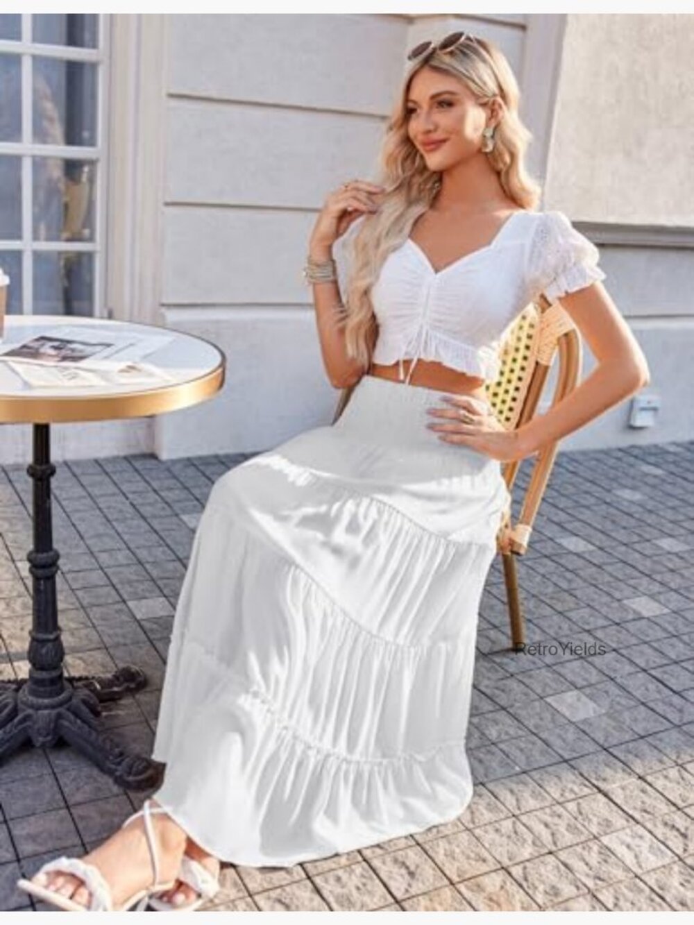 Boho Tiered Maxi Skirt Elastic High Waist Casual A-Line Midi Dress - Picture 4 of 7